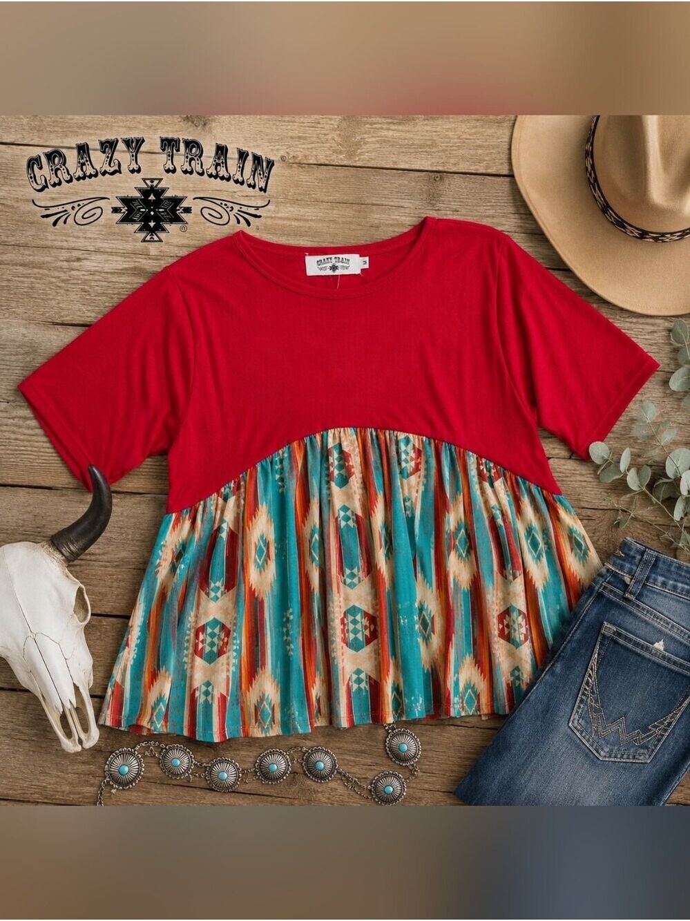 NWT Crazy Train Red Colorblock Southwestern Aztec Western Babydoll Size Medium